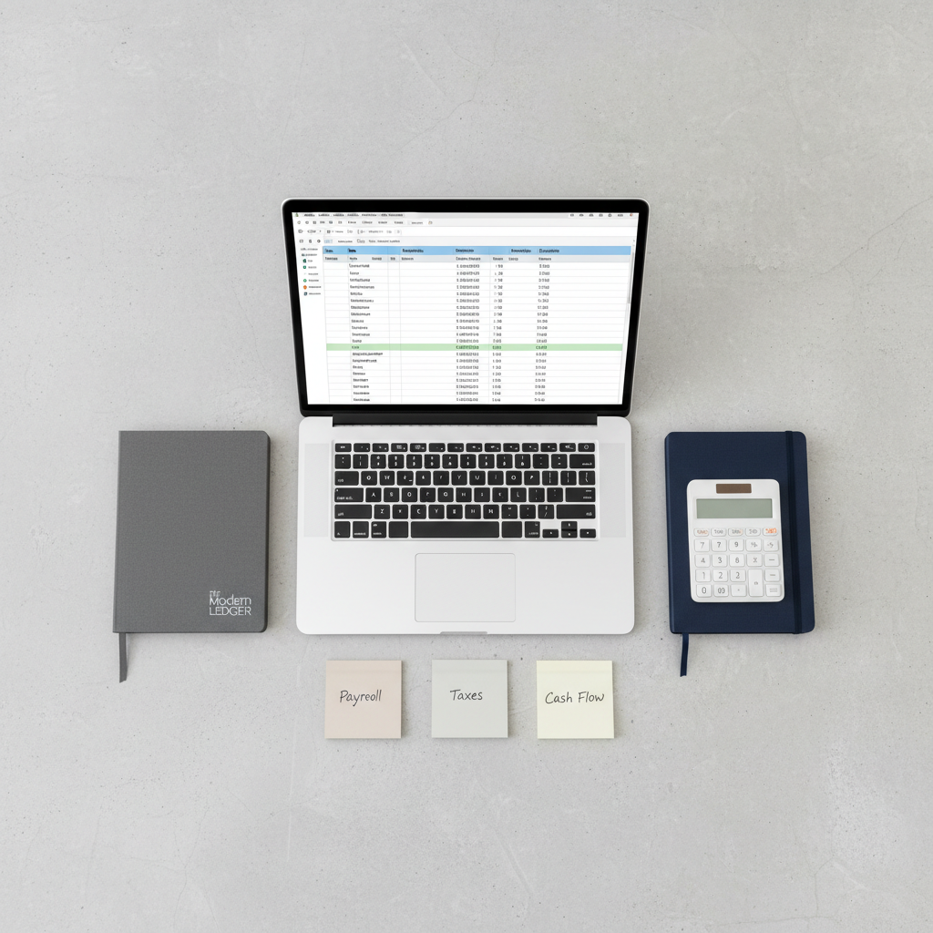 An overhead view of a minimalist bookkeeping setup on a light concrete-textured surface: a silver laptop showing a clean spreadsheet with organized rows of revenue and expenses, a navy-blue bound notebook with a ribbon marker, a compact white calculator, and neatly arranged sticky notes in soft neutral tones labeled with categories like “Payroll”, “Taxes”, and “Cash Flow”. A closed, slim folder stamped with a subtle metallic logo reading “The Modern Ledger” anchors one corner. Natural, overcast daylight produces even, shadow-softening illumination, enhancing the calm and precise mood. Photographic realism with a flat-lay composition, sharp focus across the entire frame, and a clean, contemporary aesthetic that communicates structure, balance, and financial empowerment.