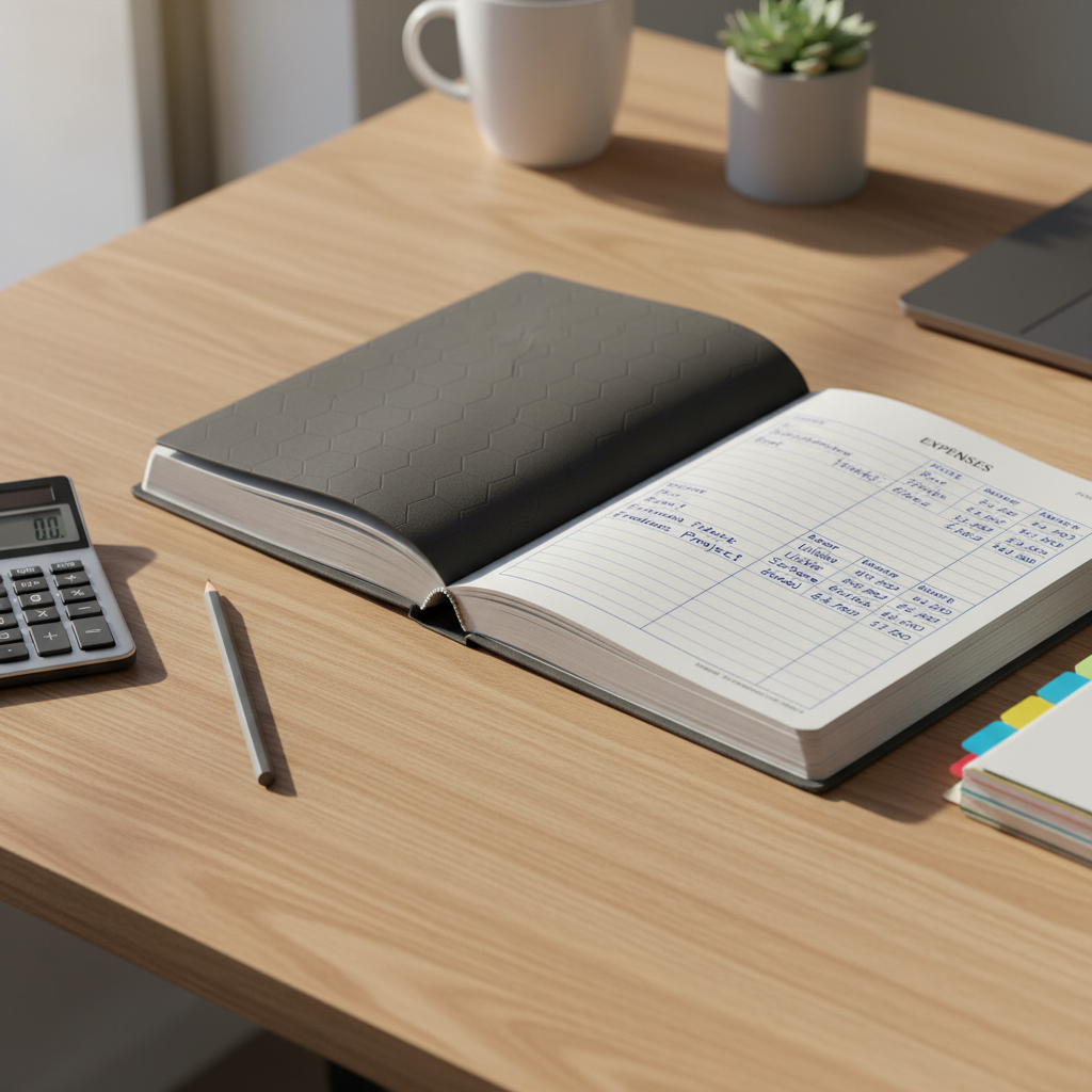 A sleek, charcoal-gray hardcover ledger book with a subtle embossed geometric pattern and silver-edged pages lies open on a light oak desktop. Crisp, neatly ruled pages show cleanly handwritten income and expense lines alongside tidy columns of numbers. A modern, brushed-metal calculator rests nearby, next to a slim graphite pencil and a stack of color-coded tabbed dividers. Soft morning daylight from an unseen window washes across the surface, creating gentle shadows and a calm, orderly atmosphere. Photographic realism, captured at a slightly elevated, three-quarter angle with shallow depth of field, keeping the ledger in sharp focus while the background fades into a soft blur of minimalist office elements, conveying professional clarity and control over finances.