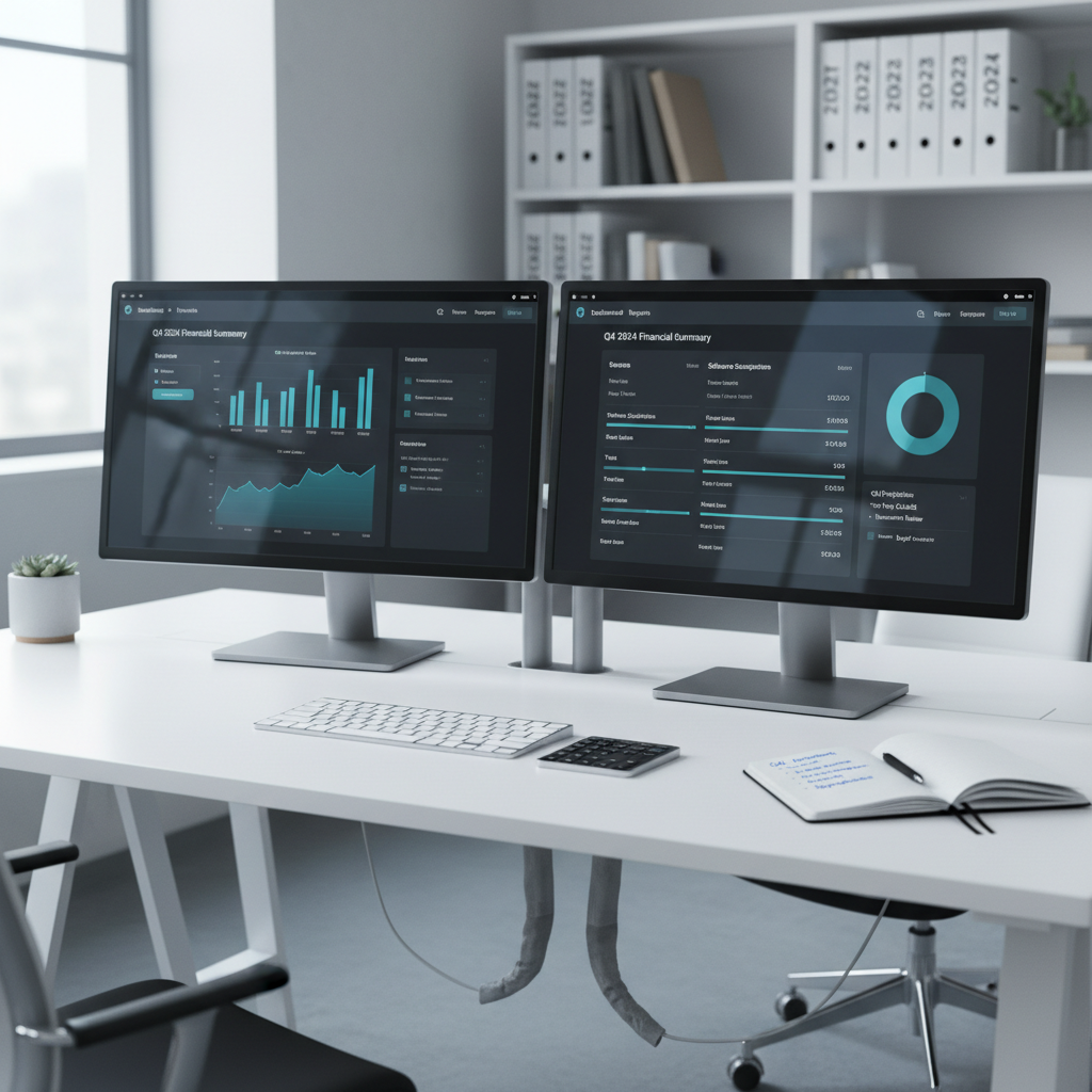 A clean, dual-monitor workstation displays a dark-mode bookkeeping dashboard with clear bar charts, line graphs, and categorized expense lists in muted blues and teals. The monitors sit on a spacious white desk with a matte finish, accompanied by a slim wireless keyboard, a compact numeric keypad, and a small notebook with precise financial notes. Subtle cable management keeps lines tidy. Cool, diffused daylight from the left creates soft reflections on the screens without glare. The mood is focused and efficient, emphasizing a streamlined, modern workflow. Photographic realism, shot at eye level with a wide composition that includes a blurred background of simple shelving with neatly arranged binders labeled by year, suggesting organized, future-ready bookkeeping.