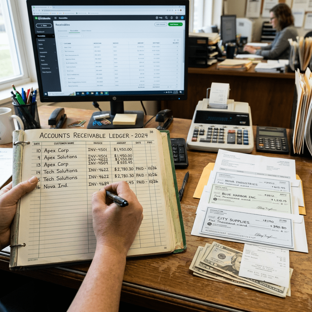 Hands writing in an accounts receivable ledger next to invoices, cash, and calculator on desk