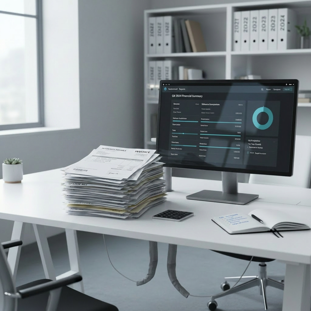 A clean, dual-monitor workstation displays a dark-mode bookkeeping dashboard with clear bar charts, line graphs, and categorized expense lists in muted blues and teals. The monitors sit on a spacious white desk with a matte finish, accompanied by a slim wireless keyboard, a compact numeric keypad, and a small notebook with precise financial notes. Subtle cable management keeps lines tidy. Cool, diffused daylight from the left creates soft reflections on the screens without glare. The mood is focused and efficient, emphasizing a streamlined, modern workflow. Photographic realism, shot at eye level with a wide composition that includes a blurred background of simple shelving with neatly arranged binders labeled by year, suggesting organized, future-ready bookkeeping.