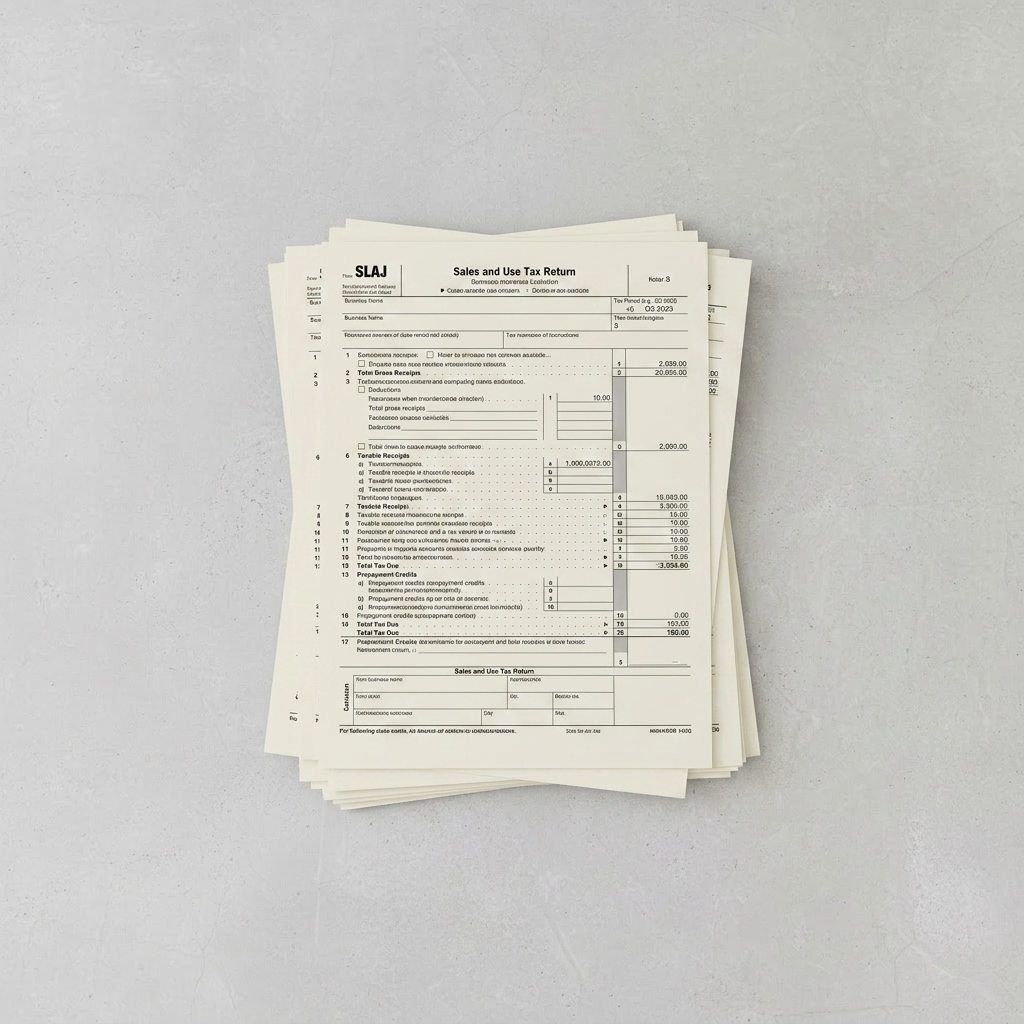 An overhead view of a minimalist bookkeeping setup on a light concrete-textured surface: a silver laptop showing a clean spreadsheet with organized rows of revenue and expenses, a navy-blue bound notebook with a ribbon marker, a compact white calculator, and neatly arranged sticky notes in soft neutral tones labeled with categories like “Payroll”, “Taxes”, and “Cash Flow”. A closed, slim folder stamped with a subtle metallic logo reading “The Modern Ledger” anchors one corner. Natural, overcast daylight produces even, shadow-softening illumination, enhancing the calm and precise mood. Photographic realism with a flat-lay composition, sharp focus across the entire frame, and a clean, contemporary aesthetic that communicates structure, balance, and financial empowerment.